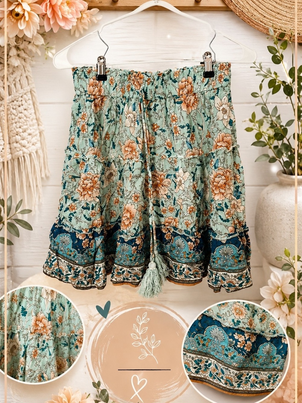 Boho Floral Tiered Skirt Tasseled Strings